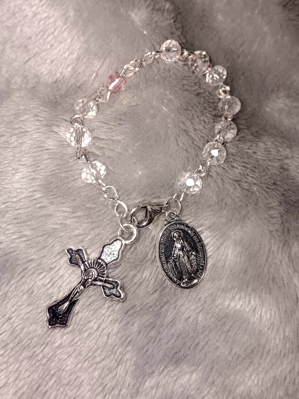 Silver-Tone Miraculous Medal and Crucifix Beaded Pocket Rosary - Clear